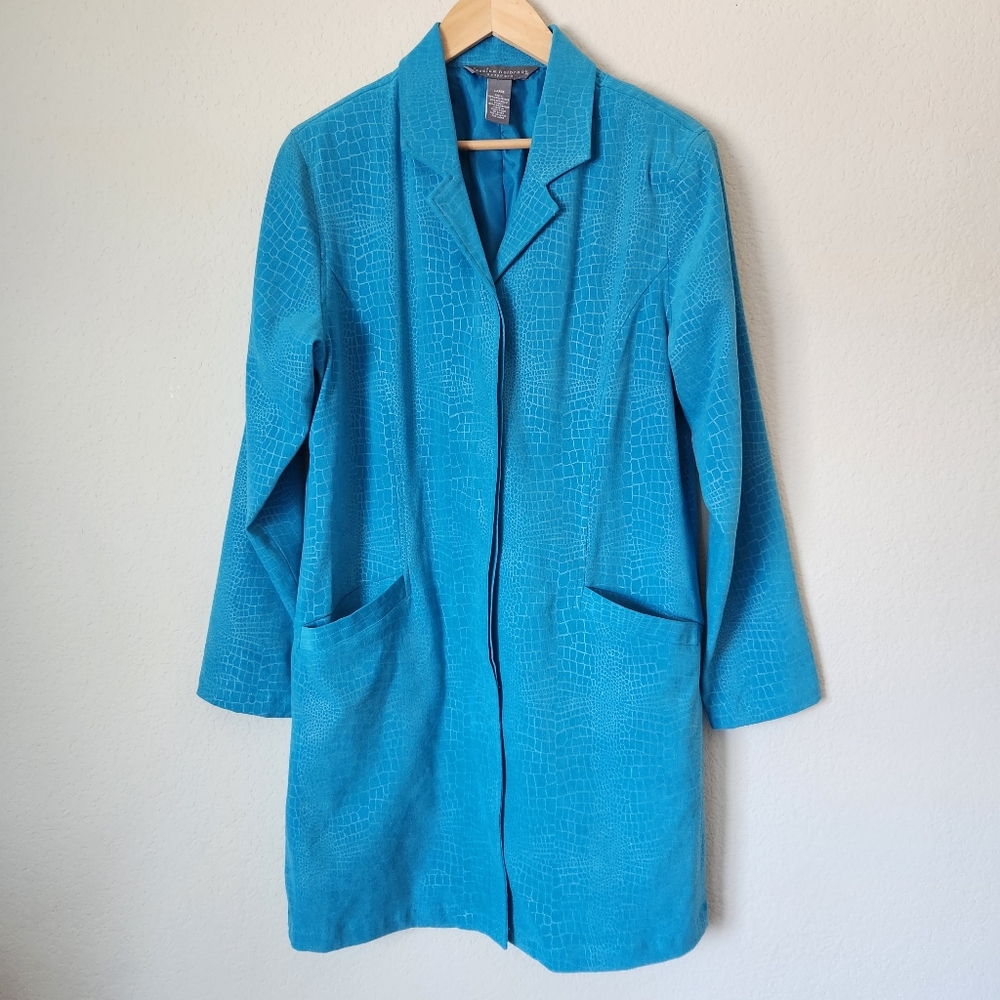 Jessica Holbrook Easy Care Teal Snakeskin Print Trench Coat, Size L